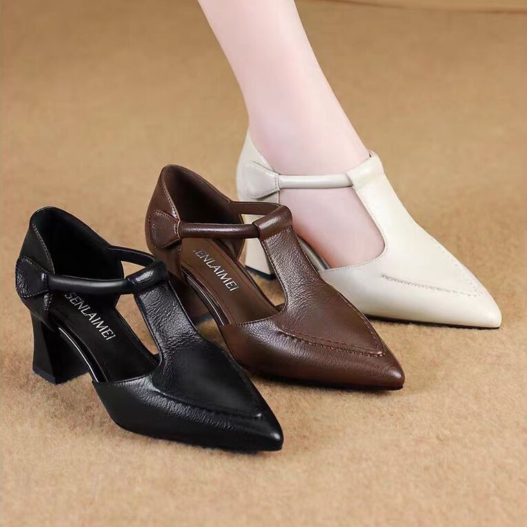 รองเท้าส้นสูงพอยต์โต้ว่าผู้หญิงดีไซน์ T-Shaped Buckle และสายวิลโคเรอร์