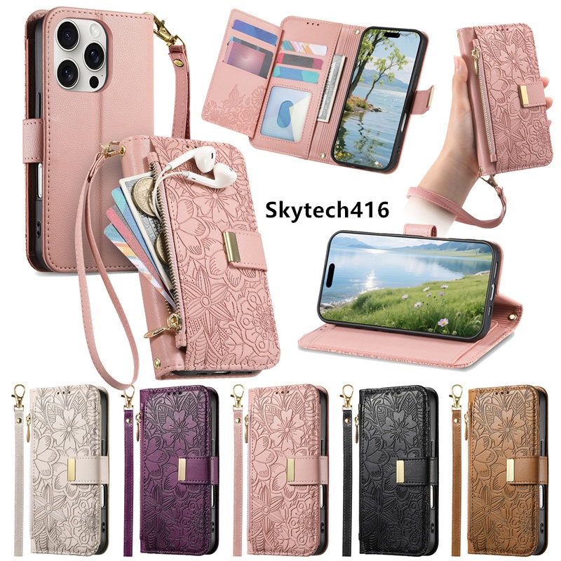 สําหรับ IPhone 12 13 14 15 16 16E 17 17E Air Pro Plus Max กระเป๋าซิปกระเป๋าสตางค์หนังพร้อมช่องใส่การ์ดสายรัดพลิกปกหลัง