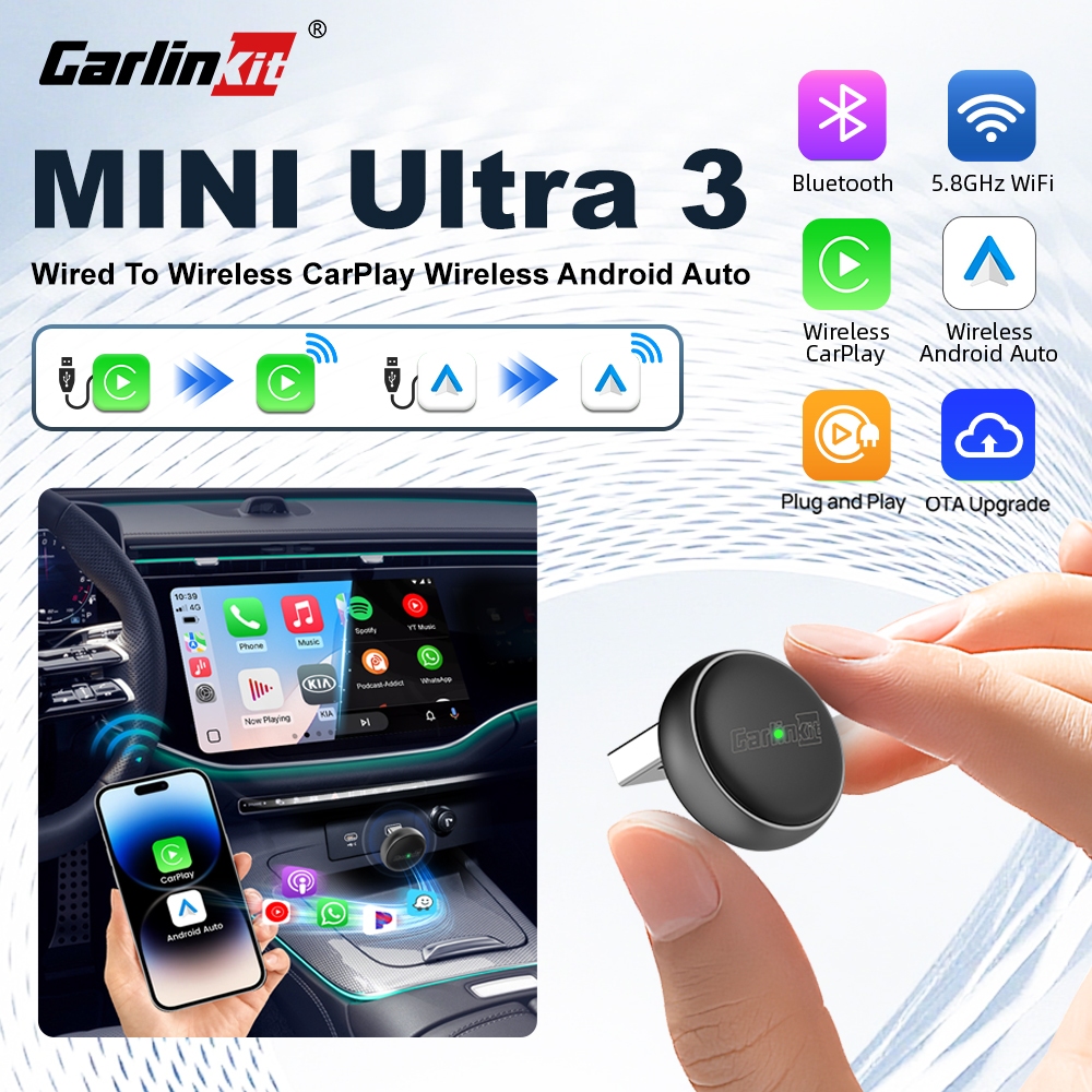 Carlinkit CarPlay/Android Auto Adapter Mini Ultra ແປງສາຍເປັນໄຮ້ສາຍ USB-A/Type-C Plug & Play OTA