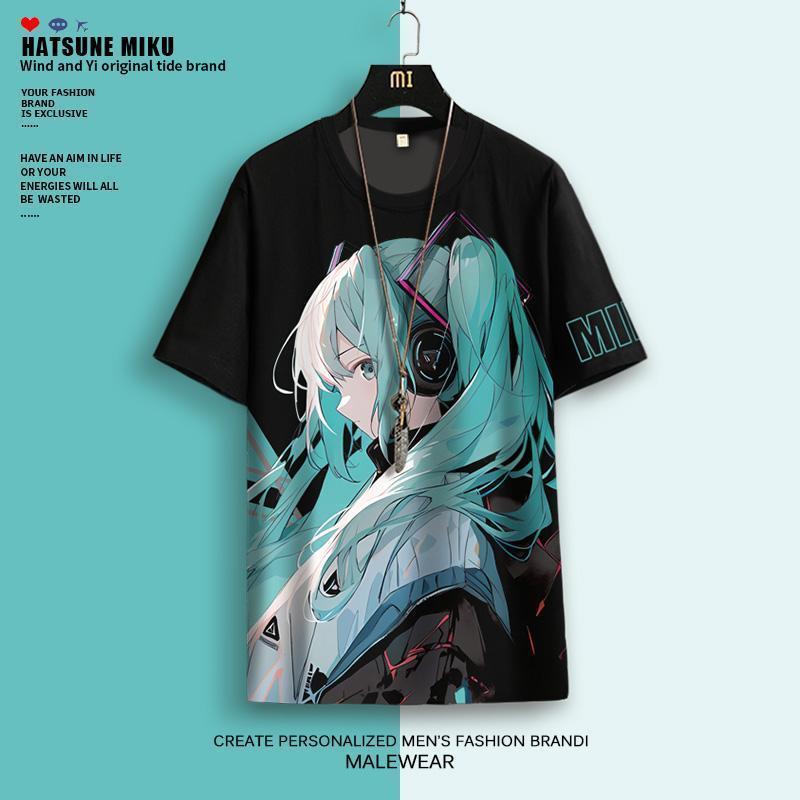 Hatsune Miku เสื้อยืดสีดําอะนิเมะพิมพ์สองมิติเสื้อยืดแขนสั้นหลวมแฟชั่นด้านบน S-3XL