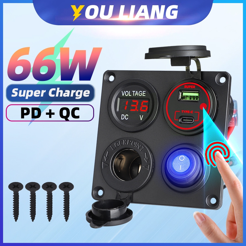 66W 4 in 1 Quick Charge Type C QC อะแดปเตอร์แผงสวิตช์ 12V โวลต์มิเตอร์ปลั๊กไฟกันน้ํา Marine เรือรถบรรทุก RV ATV อุปกรณ์เสริม