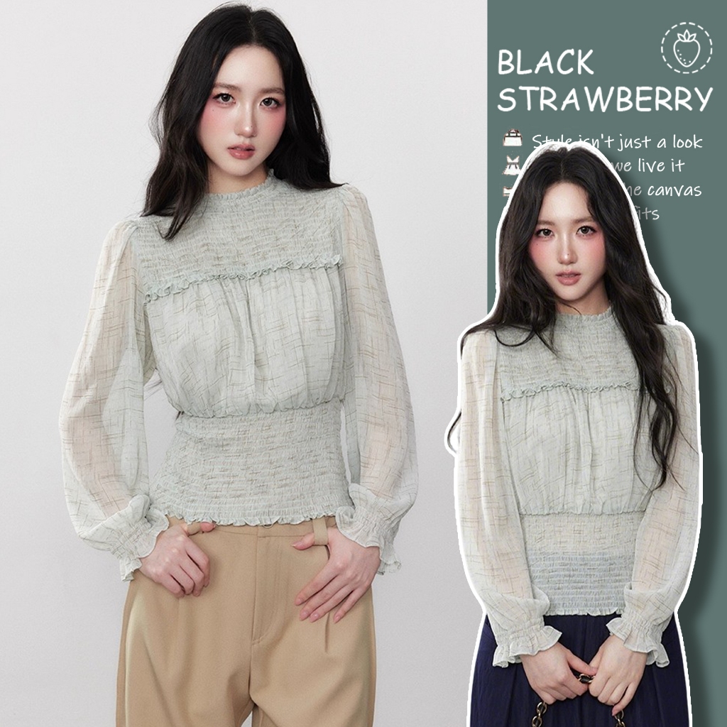 เสื้อแขนยาวผู้หญิงลายแบล็กสตรอเบอร์รี้ สไตล์เรียบง่าย อัดแน่นด้วยเอวแคบและทรงกระชับ เหมาะสำหรับฤดูใบไม้ร่วง