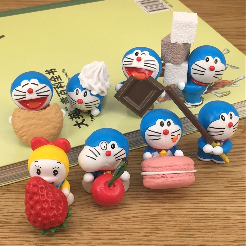 8 ชิ้น/เซ็ต Doraemon 80th Anniversary ไอศกรีมสตรอเบอร์รี่ Donuts Kawaii รุ่น Q Miniature รถตกแต่งเค้