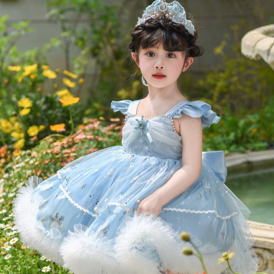ชุดเจ้าหญิงเด็กผู้หญิง สีฟ้า ชุดเอลซ่า กระโปรงฟูฟู โบว์ใหญ่ด้านหลัง สำหรับเด็กผู้หญิงอายุ 3-10 ปี คอสเพลย์ Frozen