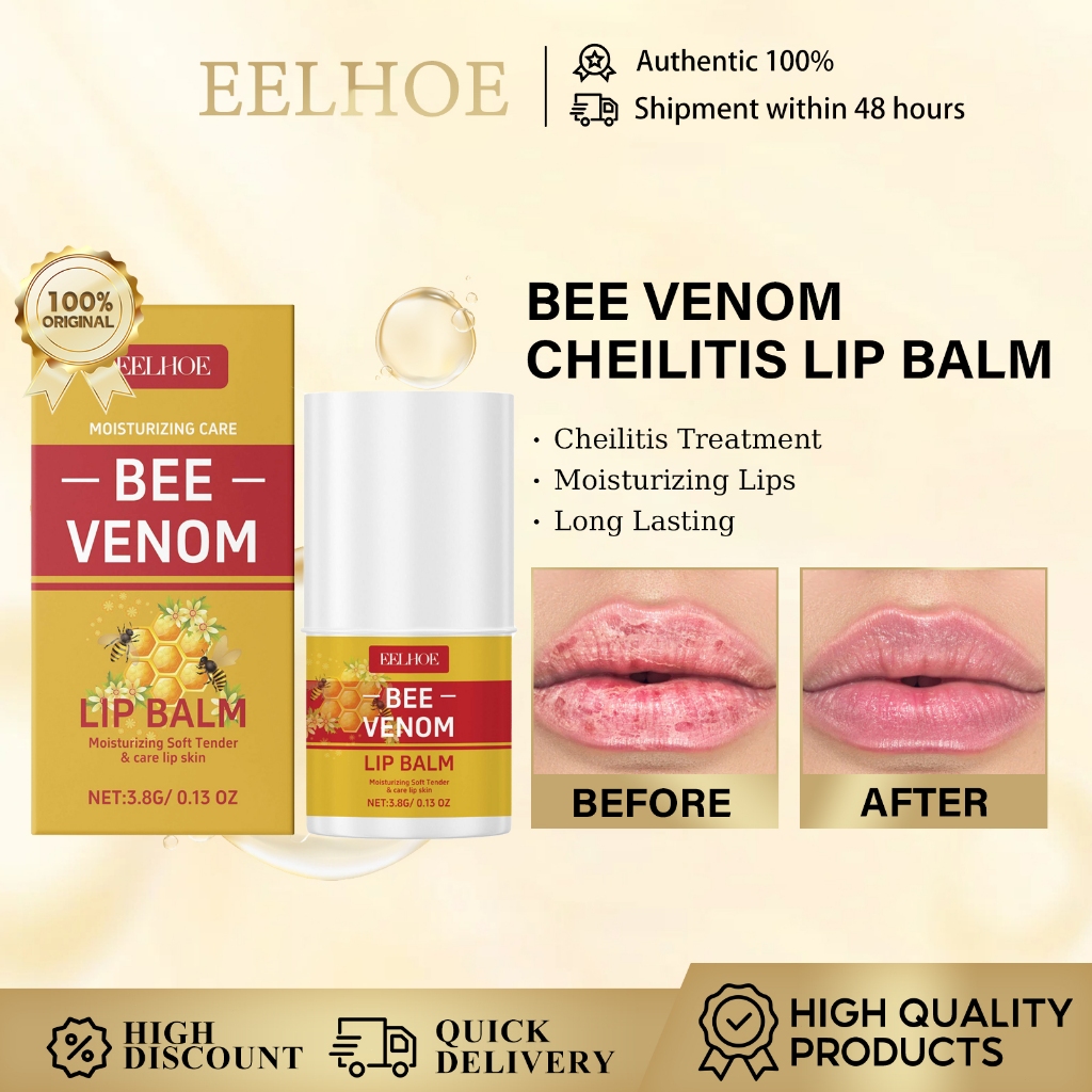 ปลาไหล ครีมรักษาคีลทิส Bee Venom Lip Balm 24h Care of the Lips Repair แห้ง Cracked Lips Treatment แตกลอกเลือดออก/Lip Plump Hydrating Skin Moisturizing Lip Balm