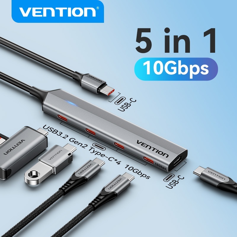 Vention USB-C Hub 5-in-1 USB 3.2 Gen2 10Gbps 4-Port Adapter Aluminium Alloy Portable for Laptop/Phon