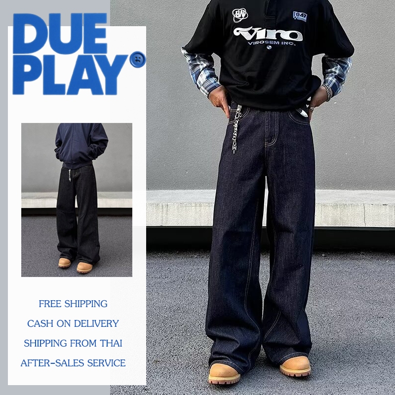 Dueplay กางเกงยีนส์ผู้ชายย้อนยุค สีน้ำเงินเข้ม สไตล์ย้อนยุค ทรงหลวม สบายตัว ปลายขากว้างเล็กน้อย เอวสูง สำหรับใส่ลำลอง