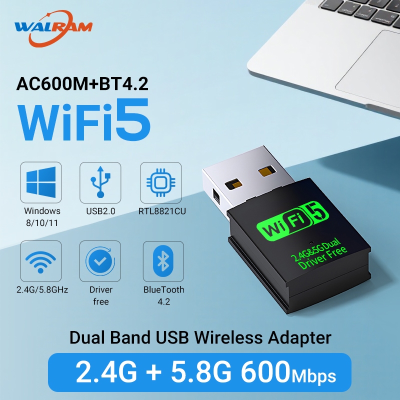 Walram 600Mbps WiFi dongle BT4.2 Mini USB WiFi Adapter Dual-band Driver ฟรีการ์ดเครือข่ายไร้สาย 802.