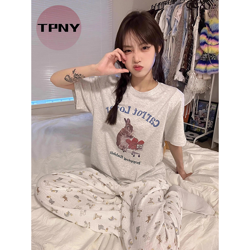 [TPNY] FASHION LOUNGEWEARชุดนอนสไตล์เกาหลีสำหรับผู้หญิง แขนสั้น กางเกงลอนดอง ชุดโฮมเว어ฤดูร้อน