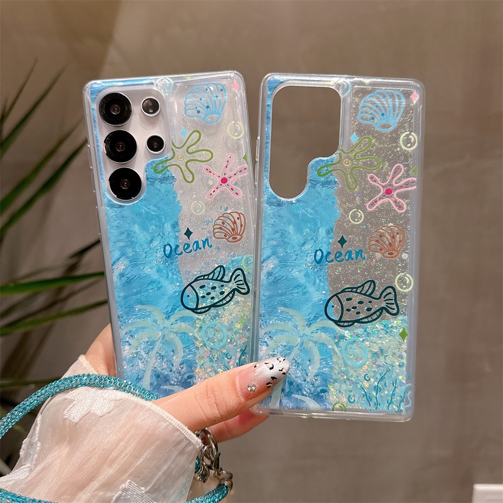 สําหรับ Samsung S25 Ultra S24 Plus S23 S22 Ocean Fish Patterned Glow In The Dark Quicksand Liquid Bl