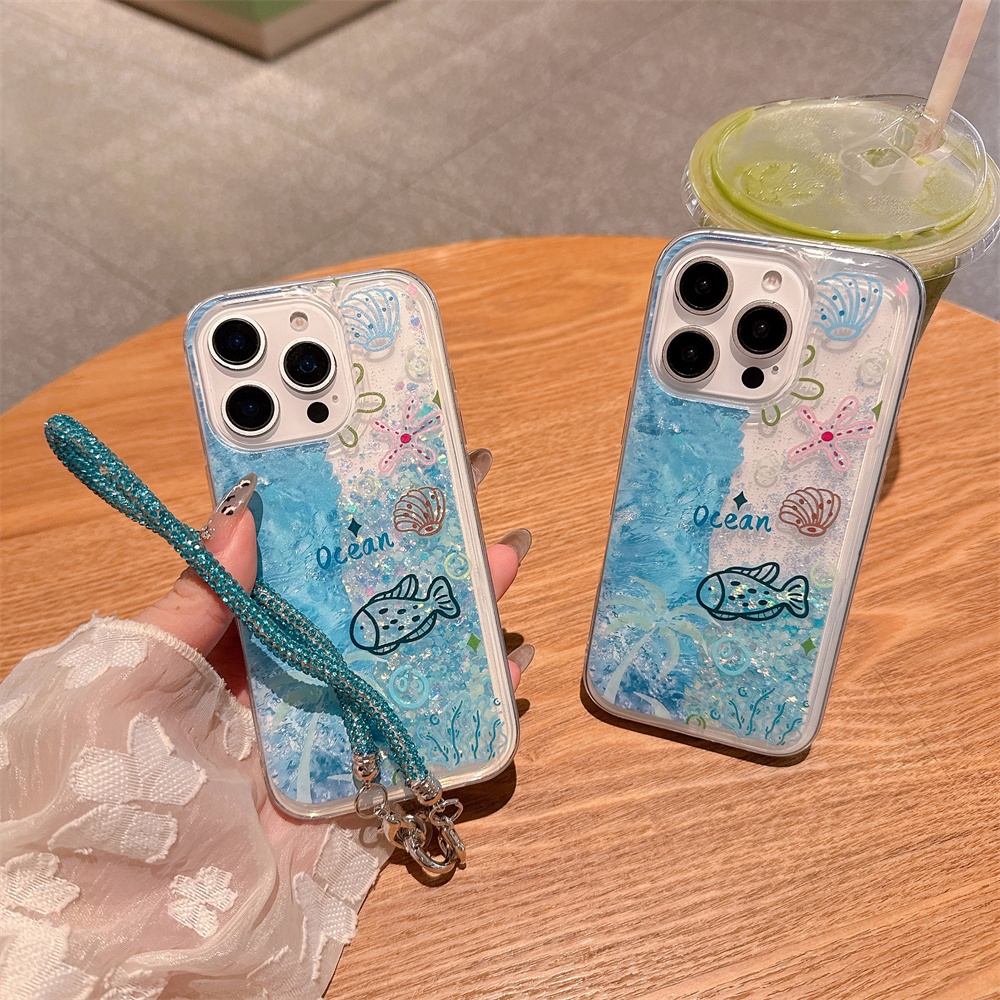 IPhone 16 Pro Max 15 12 14 13 11 Ocean Fish Patterned Glow In The Dark Liquid Bling Quicksand Case C