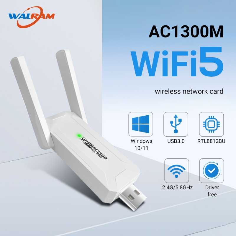 Walram 1300Mbps อะแดปเตอร์ USB WiFi Dual-band 2.4G 5G WiFi Dongle Realtek Driver ฟรีการ์ดเครือข่ายไร
