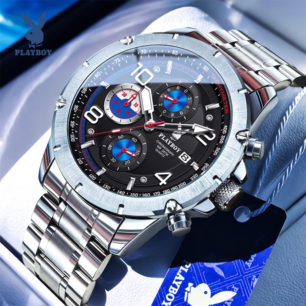 PLAYBOY แท้    date กันน้ำ าชายนาฬิกา นาฬิกาสีดํา    นาฬิกาเท่ๆ สแตนเลสสตี  quartz  พร้อมกล่อง 3509