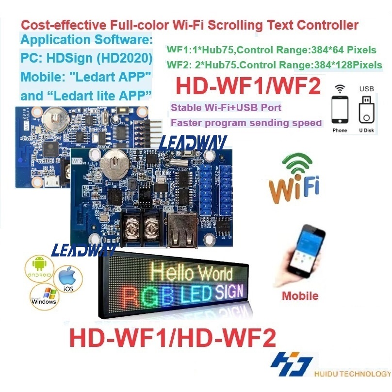 Huidu HD-WF1 HD-WF2 USB ไร้สายสี RGB วิ่งข้อความจอแสดงผล LED ป้ายดิจิตอลบอร์ดการ์ดควบคุม LED วิ่งข้อความการ์ดควบคุมโทรศัพท์มือถือ WiFi USB Flash Disk LE