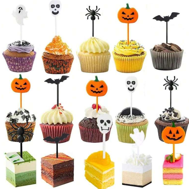 ท็อปเปอร์คัพเค้กฮาโลวีน (10 ชิ้น) - ไม้จิ้มฟันขนมอบพลาสติกสําหรับคัพเค้ก, ค็อกเทลและอาหาร, จัดหาปาร์ตี้ในอุดมคติสําหรับวั