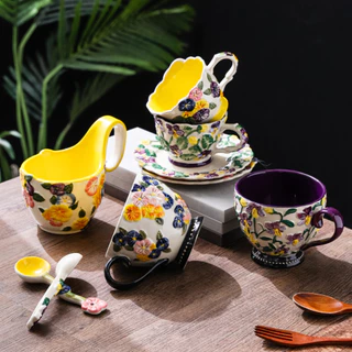 HongDian แก้วมัคเซรามิก ceramic porcelain mug cup พร้อมจานรอง ลายปั้นนูนวาดมือ underglaze ดีไซน์หรูหรา มีหูจับ กันลื่น กันร้อน ปลอดภัยต่ออาหาร ทนความร้อน สีไม่ซีดจาง ใช้กับ microwave oven ได้ ล้างใน dishwasher ได้ ทำความสะอาดง่าย ใช้เป็นแก้วกาแฟ แก้วน้ำ
