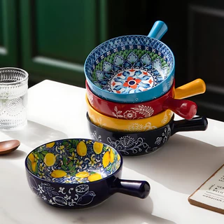 HongDian ceramic porcelain bowl ชามเซรามิกมีหูจับ ลวดลายสวยงามสไตล์วินเทจ ทนต่อรอยขีดข่วน สีไม่หลุดลอก ใช้กับไมโครเวฟและเตาอบได้ ทำจากเซรามิกเกรดอาหาร ปลอดภัยและทำความสะอาดง่าย ของจำเป็นสำหรับคนขี้เกียจ คุ้มราคา ใช้งานได้จริงและสวยงาม กันลวก กันความร้อน