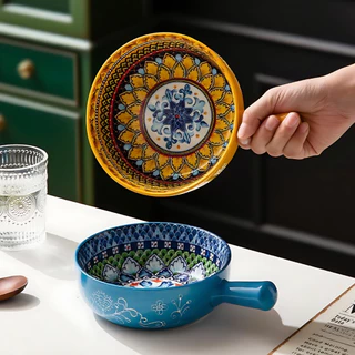 HongDian ceramic porcelain bowl ชามเซรามิกมีหูจับ ลวดลายสวยงามสไตล์วินเทจ ทนต่อรอยขีดข่วน สีไม่หลุดลอก ใช้กับไมโครเวฟและเตาอบได้ ทำจากเซรามิกเกรดอาหาร ปลอดภัยและทำความสะอาดง่าย ของจำเป็นสำหรับคนขี้เกียจ คุ้มราคา ใช้งานได้จริงและสวยงาม กันลวก กันความร้อน
