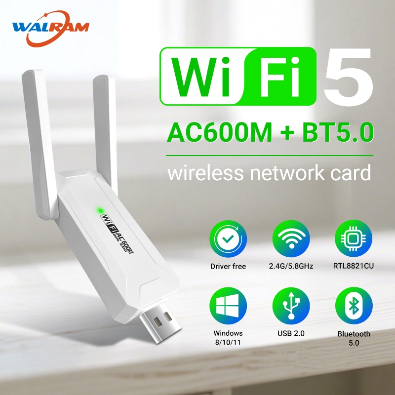Walram อะแดปเตอร์ WiFi 600Mbps Bluetooth5.0 ตัวรับสัญญาณ WiFi Dual-band 2.4G 5G Realtek Driver ฟรีกา