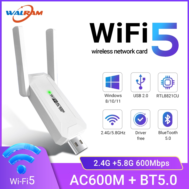Walram USB WiFi Dongle 600Mbps BT5.0 Dual-band 2.4G 5G WiFi Adapter Realtek Driver ฟรี 802.11AC WiFi