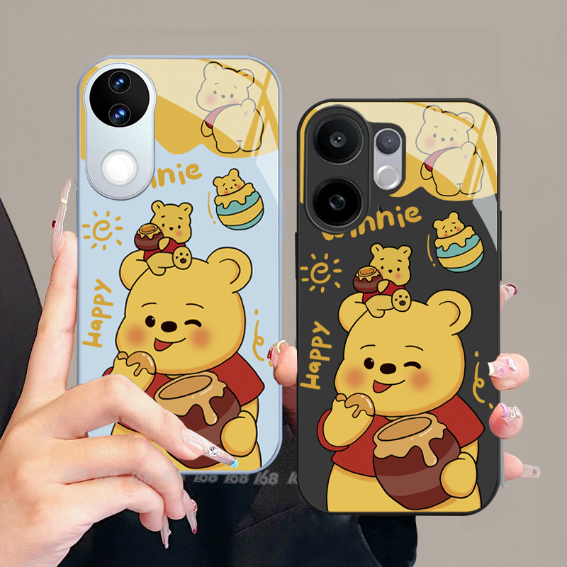 เคส Vivo V50 Lite V60 V50 V40 V30 5G เคส Vivo V40 V30 Pro การ์ตูนน่ารัก winnie the Pooh วินนี่เดอะพูห์กันกระแทกเคสพร้อมตัวป้องกันกล้องหรูหราของเหลวแก้วโทรศัพท์สําหรับสาวนักเรียนผู้หญิงผู้หญิง