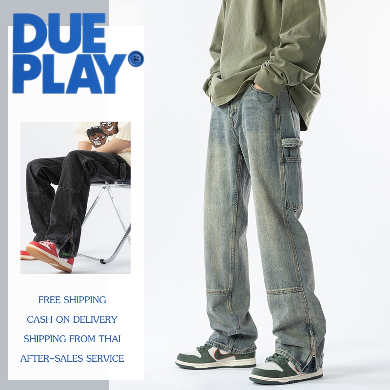 Dueplay ยีนส์ขาด กางเกงยีนส์ผู้ชาย ทรงตรง คุณภาพสูง สไตล์วินเทจ High Street ทรงหลวม ใส่สบาย ใหม่ ฤดูร้อน ใส่ได้ทั้งชายและหญิง