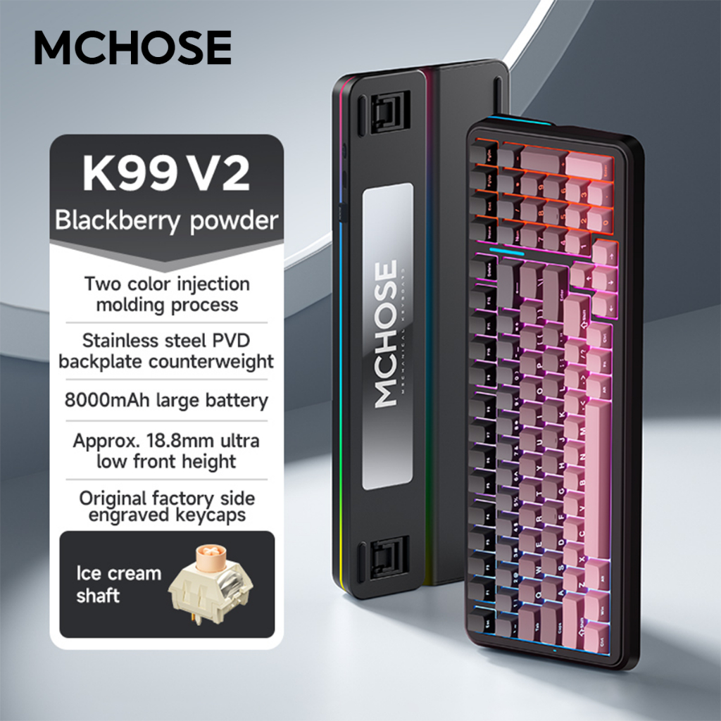 Mchose K99 V2 Blackberry Powder Tri-Mode RGB แบบมีสายบลูทูธ 2.4G ไร้สายพร้อมปะเก็นคีย์บอร์ดแบบกลไก