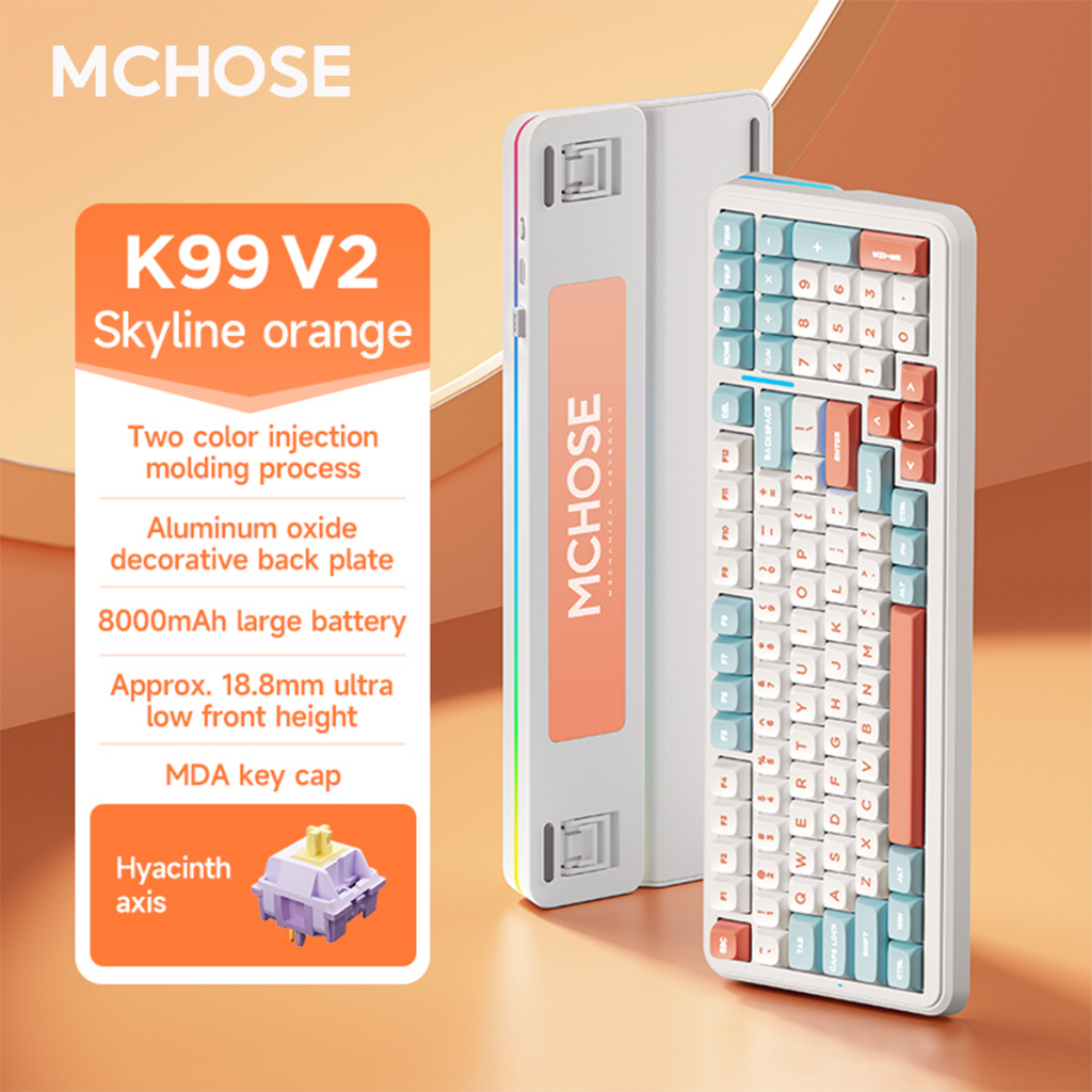 Mchose K99 V2 Sky Orange Tri-Mode RGB แบบมีสายบลูทูธ 2.4G ไร้สายพร้อมปะเก็นคีย์บอร์ดแบบกลไก