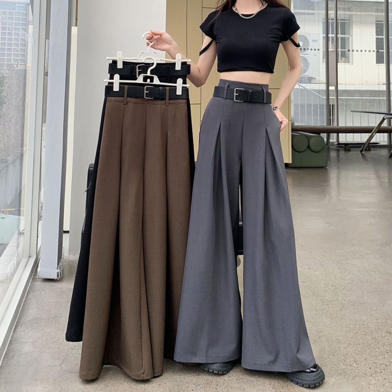 กางเกงขากว้างทรงตรงหลวมเอวสูง ใส่สบาย สไตล์เกาหลีลำลอง