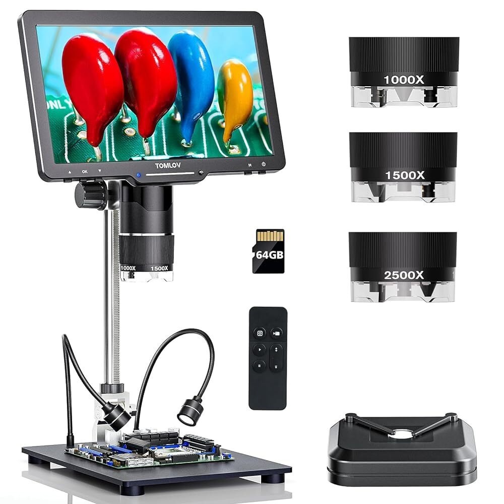 TOMLOV 10.1 "3 เลนส์ 2K HDMI กล้องจุลทรรศน์ดิจิตอล 2500X, กล้องจุลทรรศน์เหรียญแว่นขยายสําหรับแบตเตอรี่พร้อมหน้าจอ IPS, กล้องจุลทรรศน์บัดกรี LCD สําหรับผู้ใหญ่, ไฟ LED 14 ดวง, PC/TV