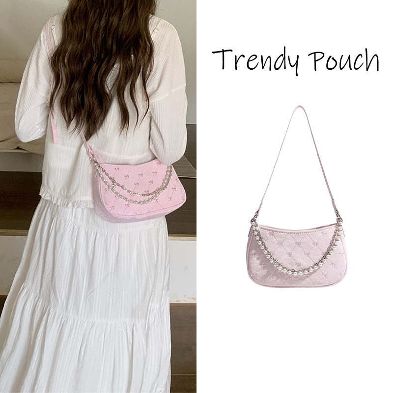 TRENDY POUCH   มุกโลหะโซ่คู่ R hombus ใต้วงแขนกระเป๋าพร็อพสตรีกระเป๋าสะพายกระเป๋า  ได้