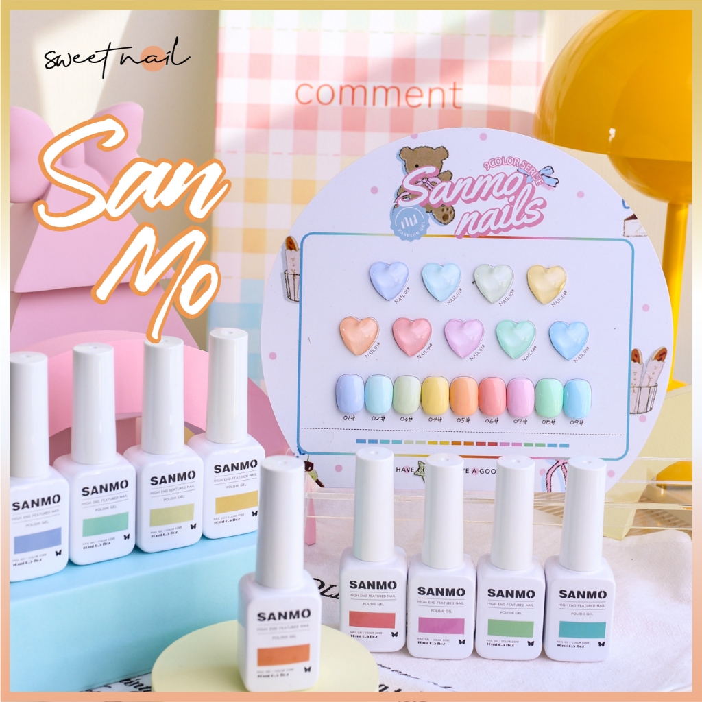 ✨ชุดกาวทาเล็บมาการอง 9 สี SANMO (หนึ่งขวดหนึ่งสีแถมกระดานสี) เล็บสีลูกอม กาวทาเล็บ