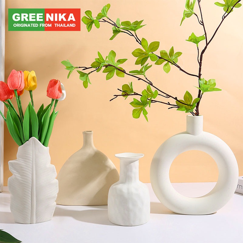 GREENIKA แจกันมินิมอลพลาสติกสีขาว 2 สไตล์ ของแต่งบ้าน ตกไม่แตก การสร้างแบบจำลองทางศิลปะ
