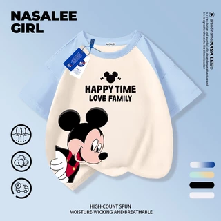 【ส่งของในวันเดียวกัน】เสื้อยืดแขนสั้นเด็ก NASA แบบแร็กแลน เนื้อฝ้ายสีขาว-ดำ ระบายอากาศดี ลายมิกกี้เมาส์เท่ๆ ใส่ได้ทั้งเด็กชาย-เด็กหญิง สไตล์สตรีทแฟชั่น ทรงหลวม