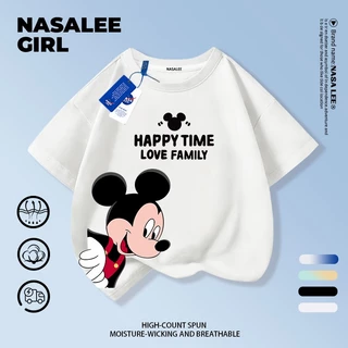 【ส่งของในวันเดียวกัน】เสื้อยืดแขนสั้นเด็ก NASA แบบแร็กแลน เนื้อฝ้ายสีขาว-ดำ ระบายอากาศดี ลายมิกกี้เมาส์เท่ๆ ใส่ได้ทั้งเด็กชาย-เด็กหญิง สไตล์สตรีทแฟชั่น ทรงหลวม