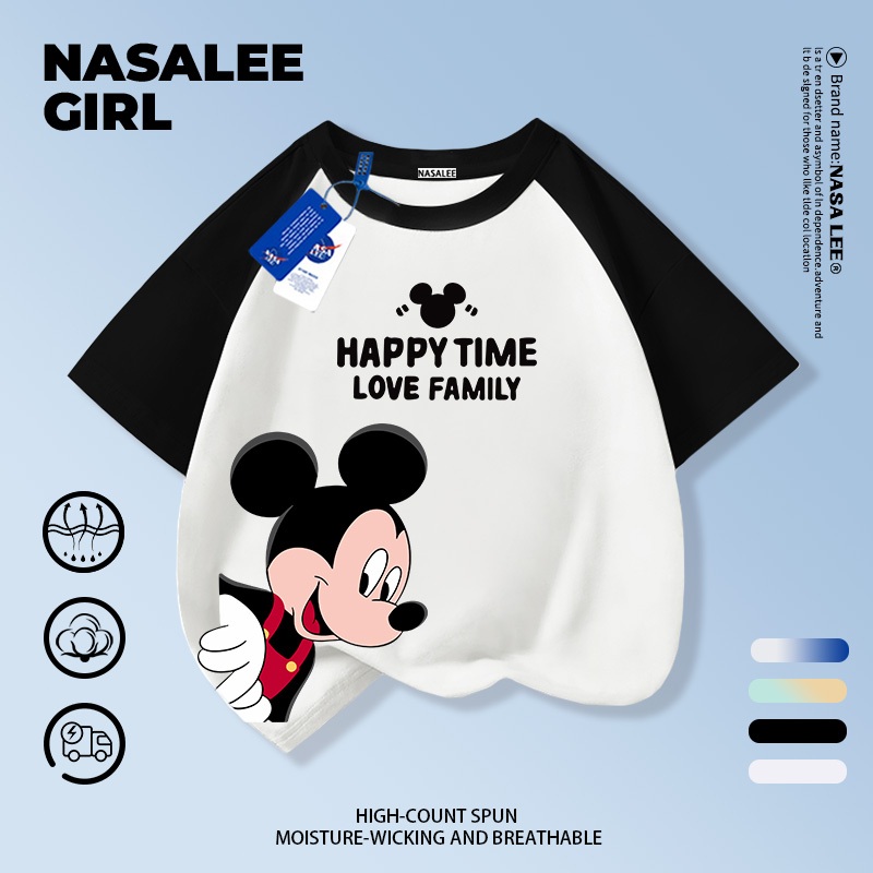 【ส่งของในวันเดียวกัน】เสื้อยืดแขนสั้นเด็ก NASA แบบแร็กแลน เนื้อฝ้ายสีขาว-ดำ ระบายอากาศดี ลายมิกกี้เมาส์เท่ๆ ใส่ได้ทั้งเด็กชาย-เด็กหญิง สไตล์สตรีทแฟชั่น ทรงหลวม