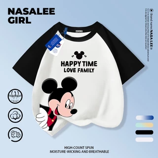 【ส่งของในวันเดียวกัน】เสื้อยืดแขนสั้นเด็ก NASA แบบแร็กแลน เนื้อฝ้ายสีขาว-ดำ ระบายอากาศดี ลายมิกกี้เมาส์เท่ๆ ใส่ได้ทั้งเด็กชาย-เด็กหญิง สไตล์สตรีทแฟชั่น ทรงหลวม