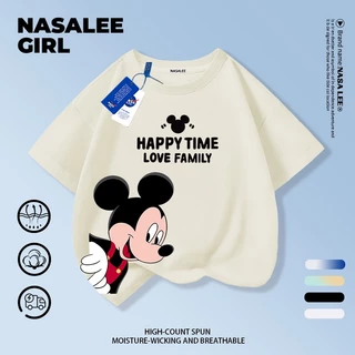 【ส่งของในวันเดียวกัน】เสื้อยืดแขนสั้นเด็ก NASA แบบแร็กแลน เนื้อฝ้ายสีขาว-ดำ ระบายอากาศดี ลายมิกกี้เมาส์เท่ๆ ใส่ได้ทั้งเด็กชาย-เด็กหญิง สไตล์สตรีทแฟชั่น ทรงหลวม