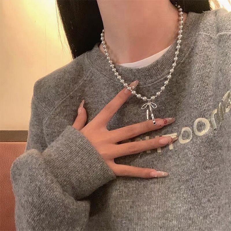 BELLA-Bee สร้อยคอมุกและริบบิ้น สไตล์ vintage elegant สีเทา พร้อมลูกปัด เพอร์เฟクトเป็นของขวัญ