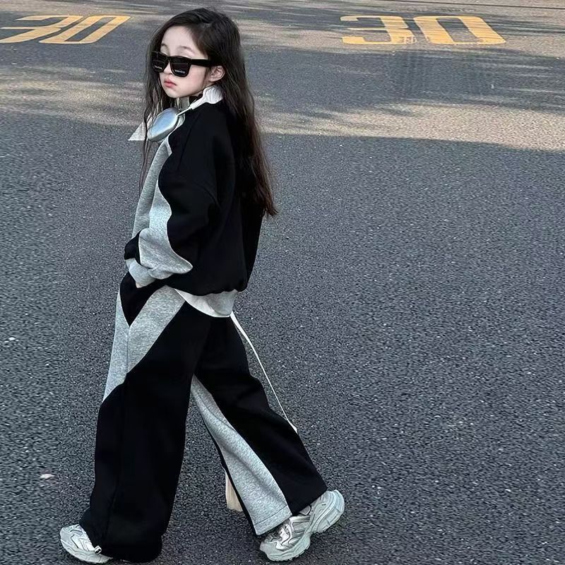 เสื้อสเวตเตอร์สูททอดถนนระดับไฮเอนด์สาวฤดูใบไม้ผลิฤดูใบไม้ร่วงสไตล์ใหม่เด็กสไตล์ตะวันตกเสื้อผ้าฤดูใบไม้ผลิสีดํากีฬาชุดสองชิ้น - รูปที่ 7