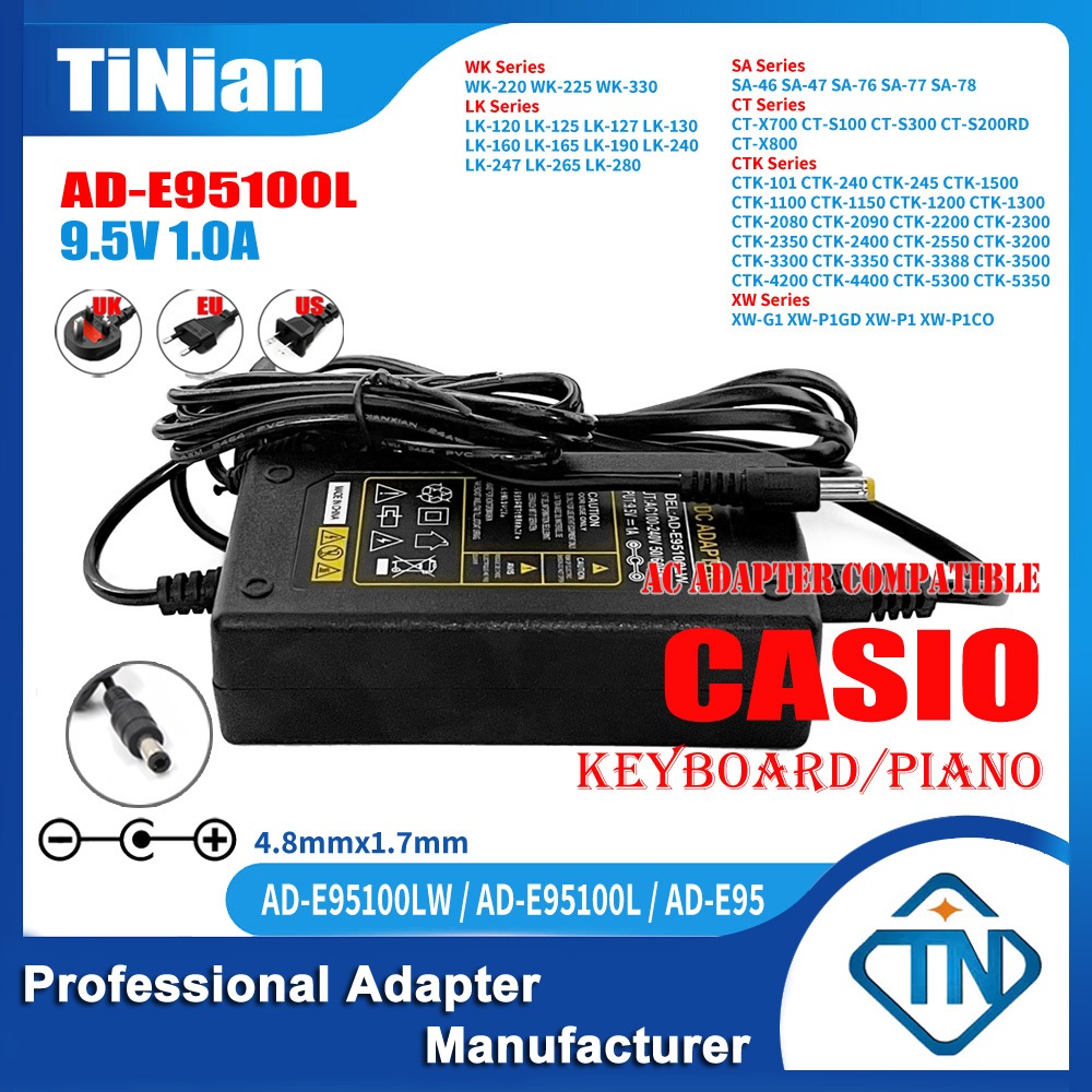 9.5V 1A AD-E95100L แหล่งจ่ายไฟ AC/DC Adapter สำหรับ CASIO LK-215 CTK-1550/4200/4400/5300/5350 คีย์บอร์ดเปียโนอิเล็กทรอนิกส์ ชาร์จไฟ