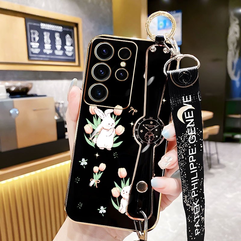 SAMSUNG VRQRเคสโทรศัพท์สําหรับSamsung Galaxy S24 S25 S26 Plus S24 S25 S26 Ultra S24 S25 FE S24 + S25 + S26 + ปลอกแมวน่ารักและกระต่ายสายรัดข้อมือBracketกันกระแทกพร้อมเชือกยาว