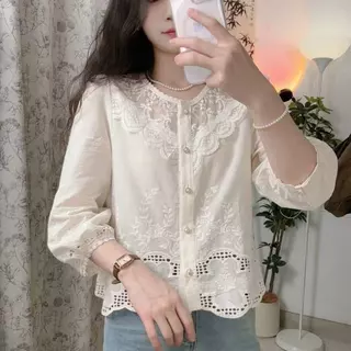 เสื้อลูกไม้สไตล์เกาหลีสำหรับสุภาพสตรี ออกแบบแขน 3/4 คล่องตัวในการสวมใส่