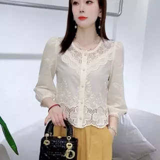 เสื้อลูกไม้สไตล์เกาหลีสำหรับสุภาพสตรี ออกแบบแขน 3/4 คล่องตัวในการสวมใส่