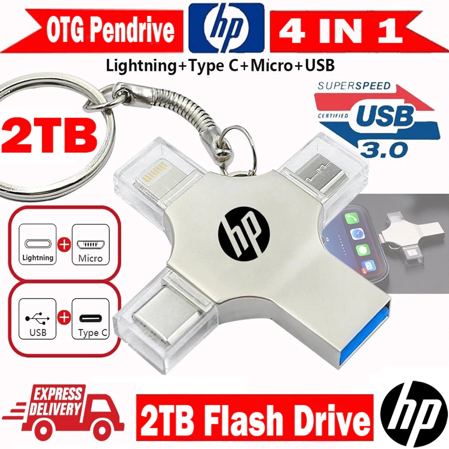 HP 4IN1 OTG แฟลชไดรฟ์ 2TB Pendrive 1TB Type-C USB Memory Stick 512GB 256G 128GB FlashDrive สําหรับโท