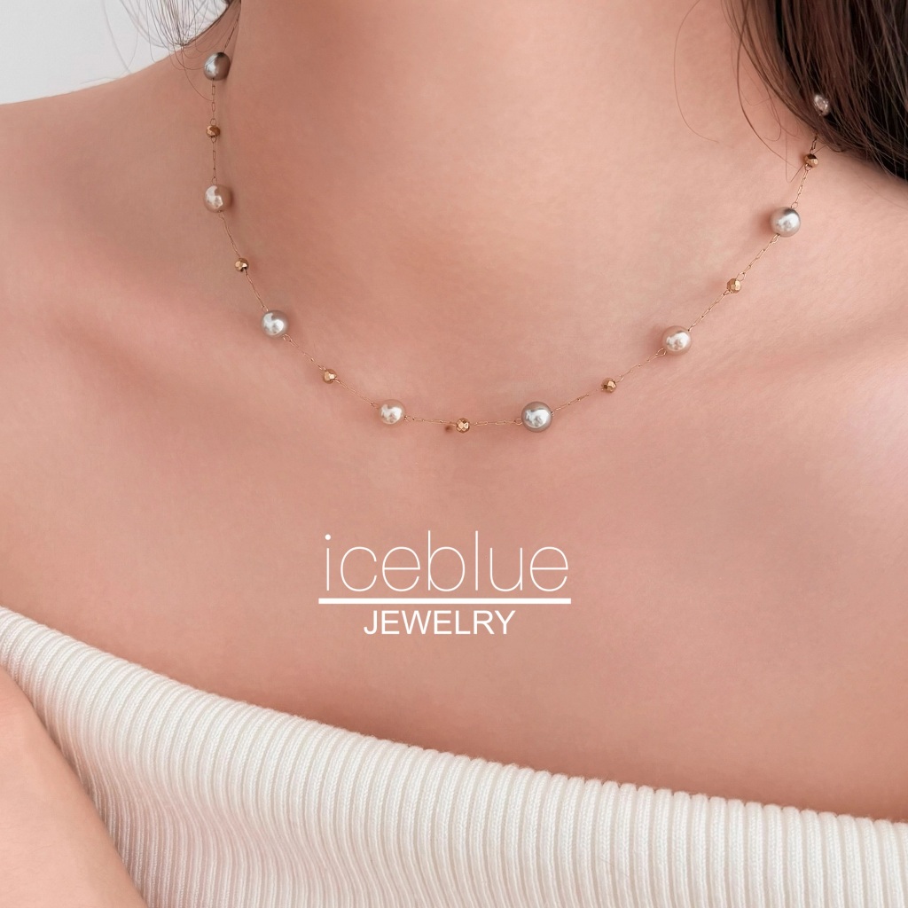Iceblue-Gray ผสมสี Pearl Beaded Chain สร้อยคอและสร้อยข้อมือชุด 18K Gold Plated 316L สแตนเลสไทเทเนียมเหล็ก Hypoallergenic กันน้ํา Non Tarnish ชุดเครื่องประดับสําหรับผู้หญิง N161 B34