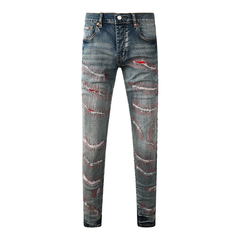 Purple fashionable men jeans blue slim fit elastic jeans embroidered craftsmanship men denim pants