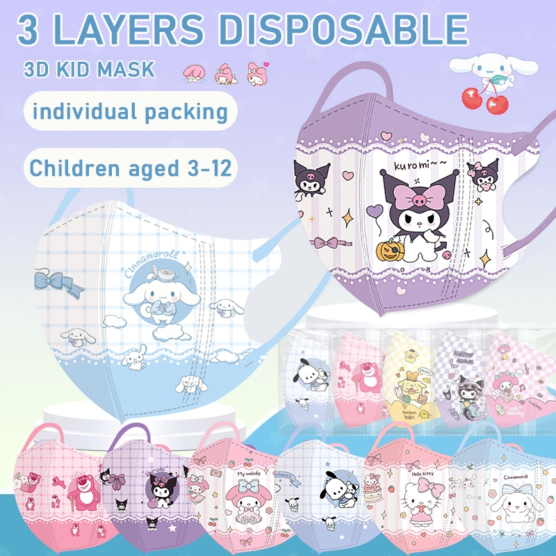 หน้ากากเด็ก 3D 3PLY ลาย Checkered Melody Kuromi 50 ชิ้น แบบใช้แล้วทิ้ง Duckbill