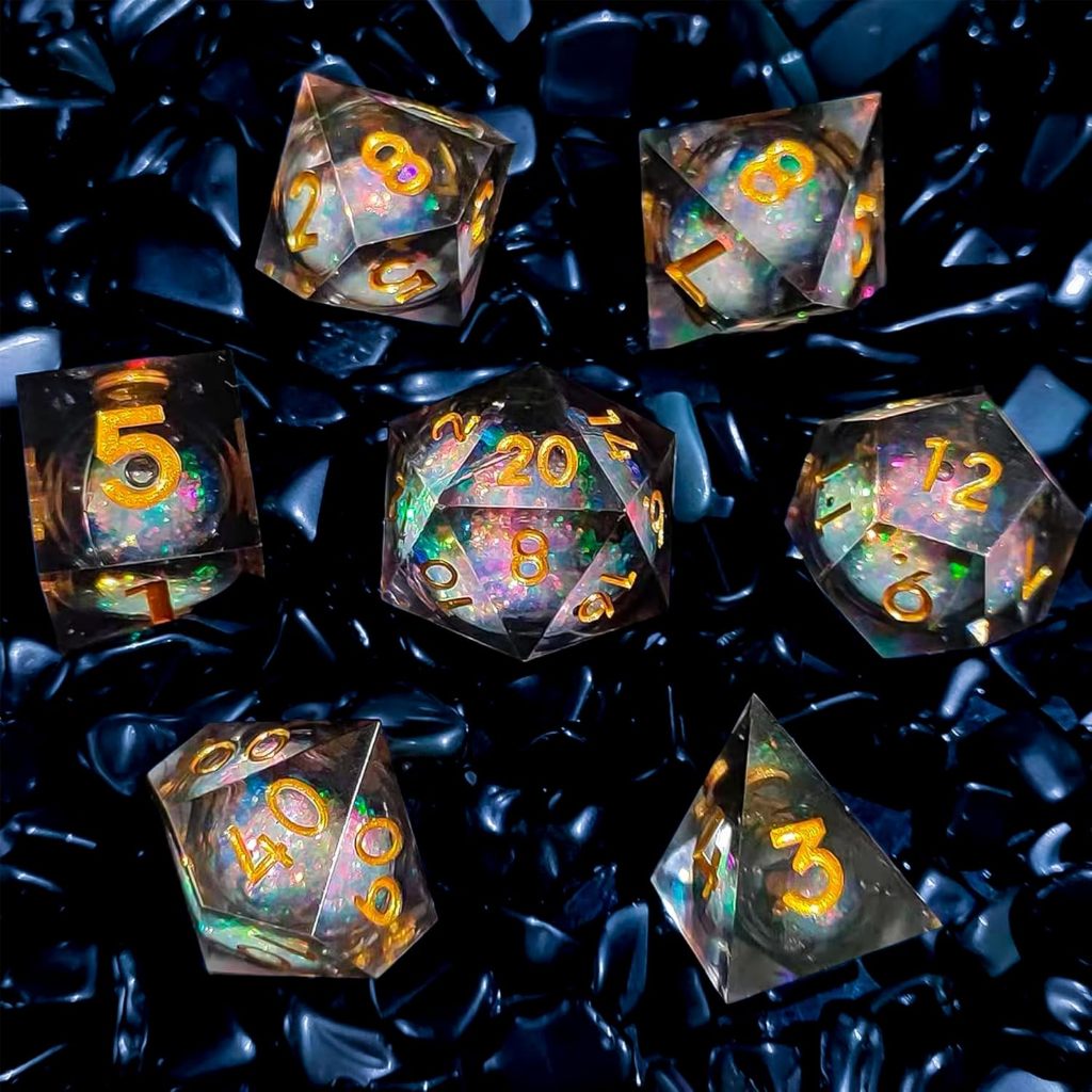 Liquid Core Dungeons & Dragons ชุดลูกเต๋า Polyhed Handcrafted 7 ชิ้น Dungeons & Dragons เรซิ่นลูกเต๋าที่คมชัดพร้อมกล่อง DND เกมเล่นตามบทบาท MTG ชุดลูกเต๋า