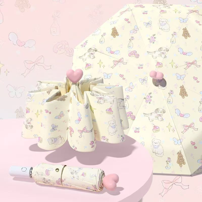 สไตล์ Pastoral Fragmented Love Sun Umbrella Girls Sunny Weather Rainy Season ครีมกันแดดแบบใช้คู่ UV Protection ร่มบังแดดขนาดกะทัดรัดและพกพาแบบพกพาพับครีมกันแดดแบบพับได้